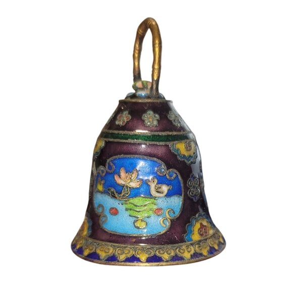 Vintage Cloisonné Enamel Bell With Intricate Floral & Bird Design Purple Blue - Picture 3 of 12